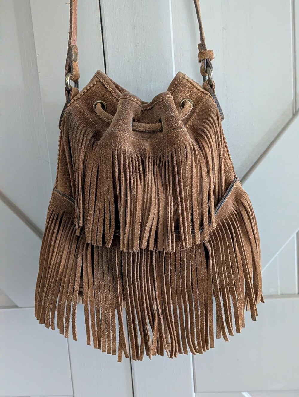 Patricia Nash Bronte Tan Suede Leather Fringe Bucket Bag Boho Western Brown